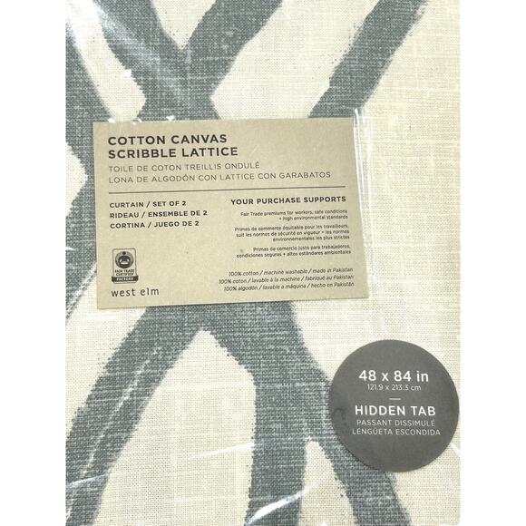 West Elm Scribble Lattice Cotton Canvas Curtain Set of 2 Ivory & Blue 48" x 84” - Picture 3 of 6
